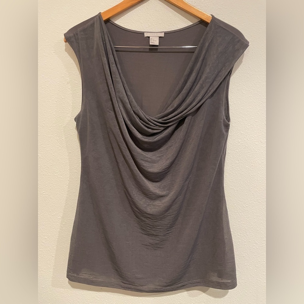 H & M grey sleeveless shirt with decorative cowl neckline.  Size L